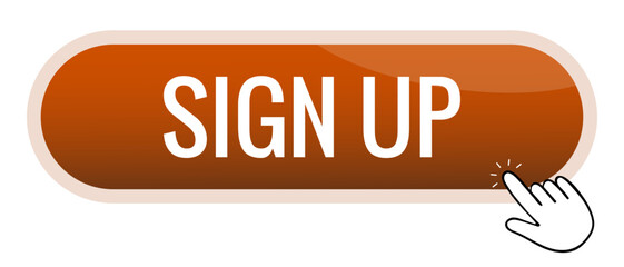 Button set icon. Gold interface button with hand pointer and bold text Sign Up indicates call-to-action, registration form, interactive UI, account creation, online joining.