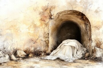 Empty tomb of Jesus Christ on Easter morning symbolizing resurrection and eternal life. Digital watercolor painting illustration
