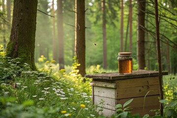 Honey Jar on Beehive in Lush Forest During Golden Hour Generative AI