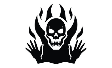 Skull and hands front view silhouette, Skull and hands icon, Black silhouette, Horizontal front view, Vector simple flat graphic illustration, Isolated object on a white background 