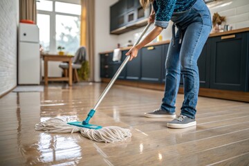 Woman Mopping Wooden Floor in a Modern Kitchen Setting Generative AI