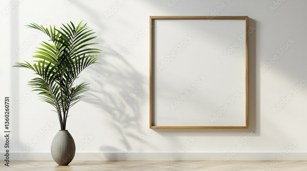 Poster sunlight streams through large windows, illuminating a tranquil room with a sleek, empty frame mount