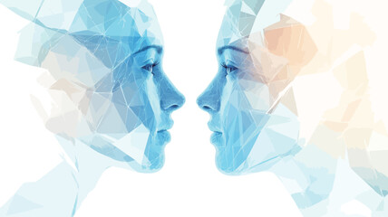 The image is a double exposure photograph featuring two female profiles facing each other.  The faces are translucent and partially overlaid, creating a dreamy, ethereal effect.  The color palette