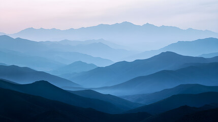A mountain range, bathed in the soft glow of morning light, stretches out as far as the eye can see, symbolizing the timeless beauty and endurance of nature peaks