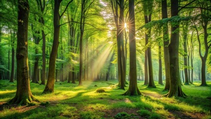 Fototapeta premium Sunbeams Illuminate a Lush Green Forest with Tall Trees