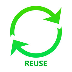 Ecology set icon. Circular arrows with reuse label illustrate repeat usage, sustainable product cycle, environmental protection, zero waste principle.