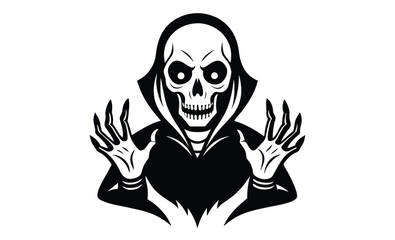 Skull and hands front view silhouette, Skull and hands icon, Black silhouette, Horizontal front view, Vector simple flat graphic illustration, Isolated object on a white background 