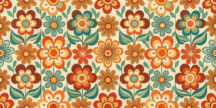 Retro Floral Pattern A Vibrant and Cheerful Seamless Design Featuring Orange, Brown, and Teal Flowers