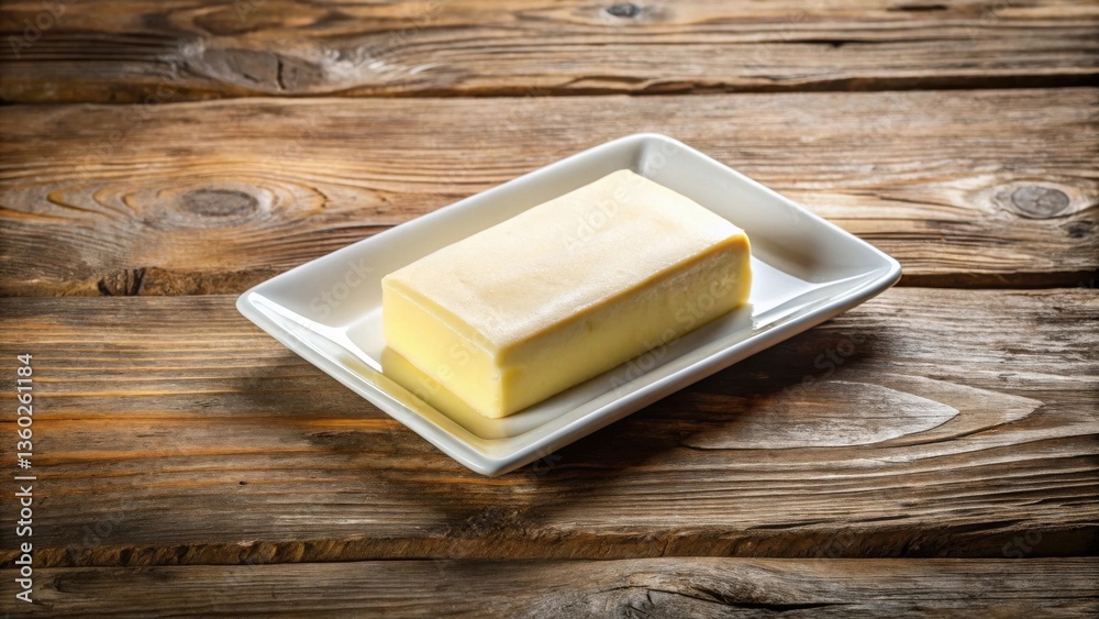 Poster A stick of dairy butter rests on a rectangular dish atop a rustic wooden surface