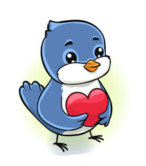 cute blue cartoon bird with large eyes holds a red heart, playful and affectionate design