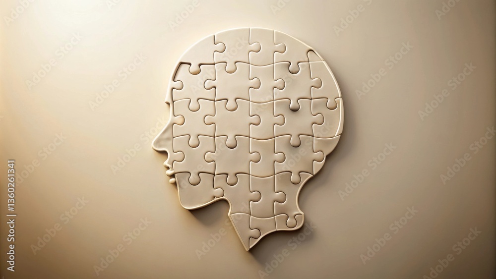 Poster a profile of a human head formed with interlocking puzzle pieces, representing the complexity of the