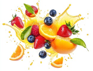 Splashing Fruit Juice Composition with Fresh Orange, Berries and Strawberries