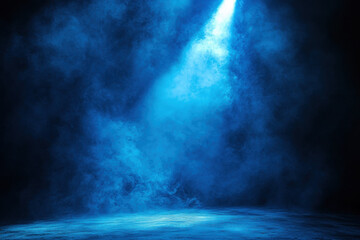 Dark blue stage with spotlight, illuminating a lone microphone stand, creating a dramatic ambiance.