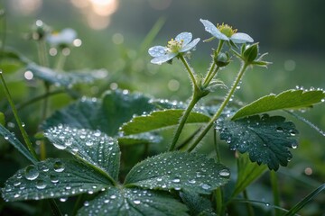 Morning Dew on Strawberry Plants in a Lush Garden Generative AI