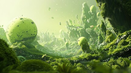 Fototapeta premium Lush, otherworldly landscape with vibrant green moss, surreal rocks, and glowing orbs.