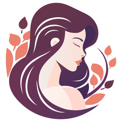Feminine nature set icon. Female profile with flowing violet hair and leaves reflects connection with nature, harmony, care, wellness, botanical beauty.