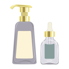 Serum and lotion set icon. Dropper bottle with dispenser represents facial serum, hydration, skincare essentials, modern cosmetics, beauty treatment.