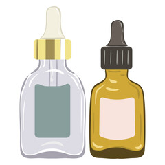 Oil set icon. Two cosmetic dropper bottles, transparent and amber, represent essential oils, skincare blends, natural ingredients, beauty rituals.