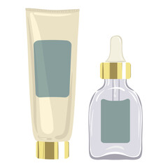 Tube and serum set icon. Beauty product pack includes cream tube and dropper, symbolizing daily routine, hydration, facial treatment, clean cosmetics.