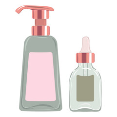 Serum and lotion set icon. Dropper bottle with dispenser represents facial serum, hydration, skincare essentials, modern cosmetics, beauty treatment.