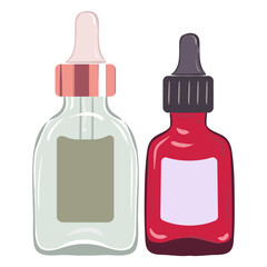 Oil set icon. Two cosmetic dropper bottles, transparent and amber, represent essential oils, skincare blends, natural ingredients, beauty rituals.