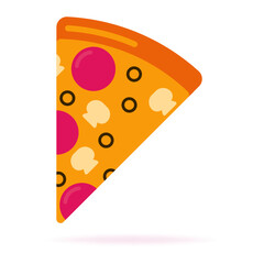 Pizza slice icon. Fast food piece with toppings represents snack, delivery, lunch, meal, cheese, and casual eating.