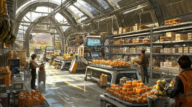 A futuristic warehouse setting with an automated conveyor system, packed shelves, and a digital logistics interface.