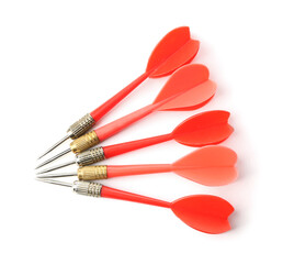 Red dart arrows isolated on white, top view. Sports equipment