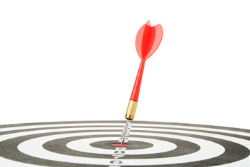 Dart board with red arrow on white background