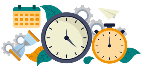 Time planning set icon. Stopwatch, clock, calendar, gear and hourglass reflect process control, schedule, and teamwork.