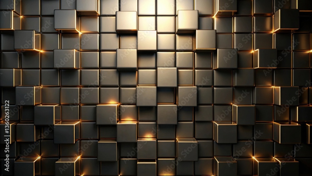 Poster abstract dark metallic cube wall with glowing edges