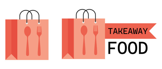 Takeaway bag set icon. Food packaging with cutlery and label indicates ready meal delivery and eating on the go.