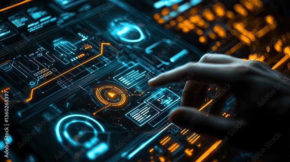 Poster A glowing digital interface displaying penetration testing analytics, with a hand interacting with security layers.