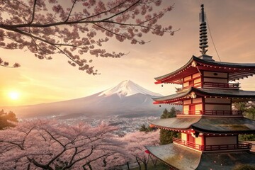 Naklejka premium Cherry Blossoms Bloom Near Mount Fuji During Sunset Generative AI