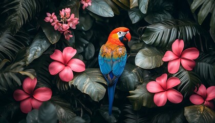 Parrot in Tropical Floral Arrangement.