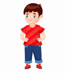 Fototapeta premium Cartoon Boy in Red Shirt and Blue Jeans. vector image