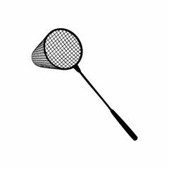 Black and white illustration of a net with a handle. vector image