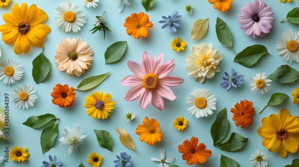 Aufkleber A delightful array of assorted flowers in various colors and shapes spreads across a soft blue backdrop. Vibrant petals mingle with fresh green leaves, creating a joyful and inviting atmosphere