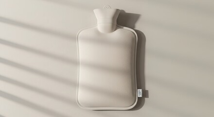 A cream colored hot water bottle hanging on a neutral colored wall, equipment, healthcare, dental, tool, medical, clinic, instrument