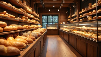 Cozy bakery interior shows fresh bread pastries on wooden shelves, display cases. Warm lighting, design creates inviting atmosphere for cafes, small business owners. Ideal for food, catering, retail.