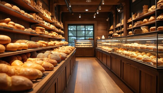 Cozy bakery interior shows fresh bread pastries on wooden shelves, display cases. Warm lighting, design creates inviting atmosphere for cafes, small business owners. Ideal for food, catering, retail.