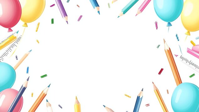 Colorful Balloons and Pencils Frame a White Space for Creative Design
