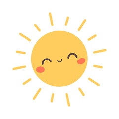 Cute Sun character. Smiling sunny face. Design for cards, fabric, wrapping, scrapbooking, wallpaper. Vector illustration in flat style