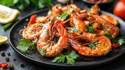 A gourmet dish of crispy shrimp, beautifully arranged on a dark plate, highlighting the art of culinary excellence.