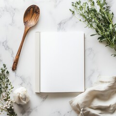 Elegant blank recipe book,  wooden spoon, and herbs on marble