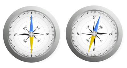 Compass set icon. Two navigation instruments with cardinal directions indicate travel orientation and positioning.