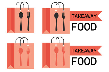 Takeaway bag set icon. Food packaging with spoon and fork on paper bags illustrates delivery, ready meal and fast service.