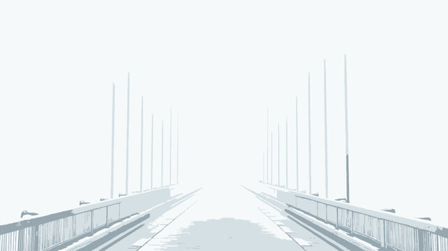 The image shows a long shot of a suspension bridge extending into a dense fog. The bridge is predominantly white or light gray, with parallel vertical cables creating strong lines converging