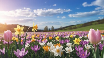 Fototapeta premium An image of nature. A beautiful landscape, a field of flowers, a spring landscape, beautiful flowers, wildflowers, natural product advertisement, natural beauty.