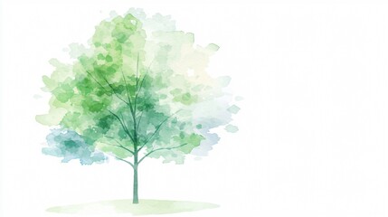 Obraz premium Watercolor tree with green and blue leaves on white. Minimalistic nature design
